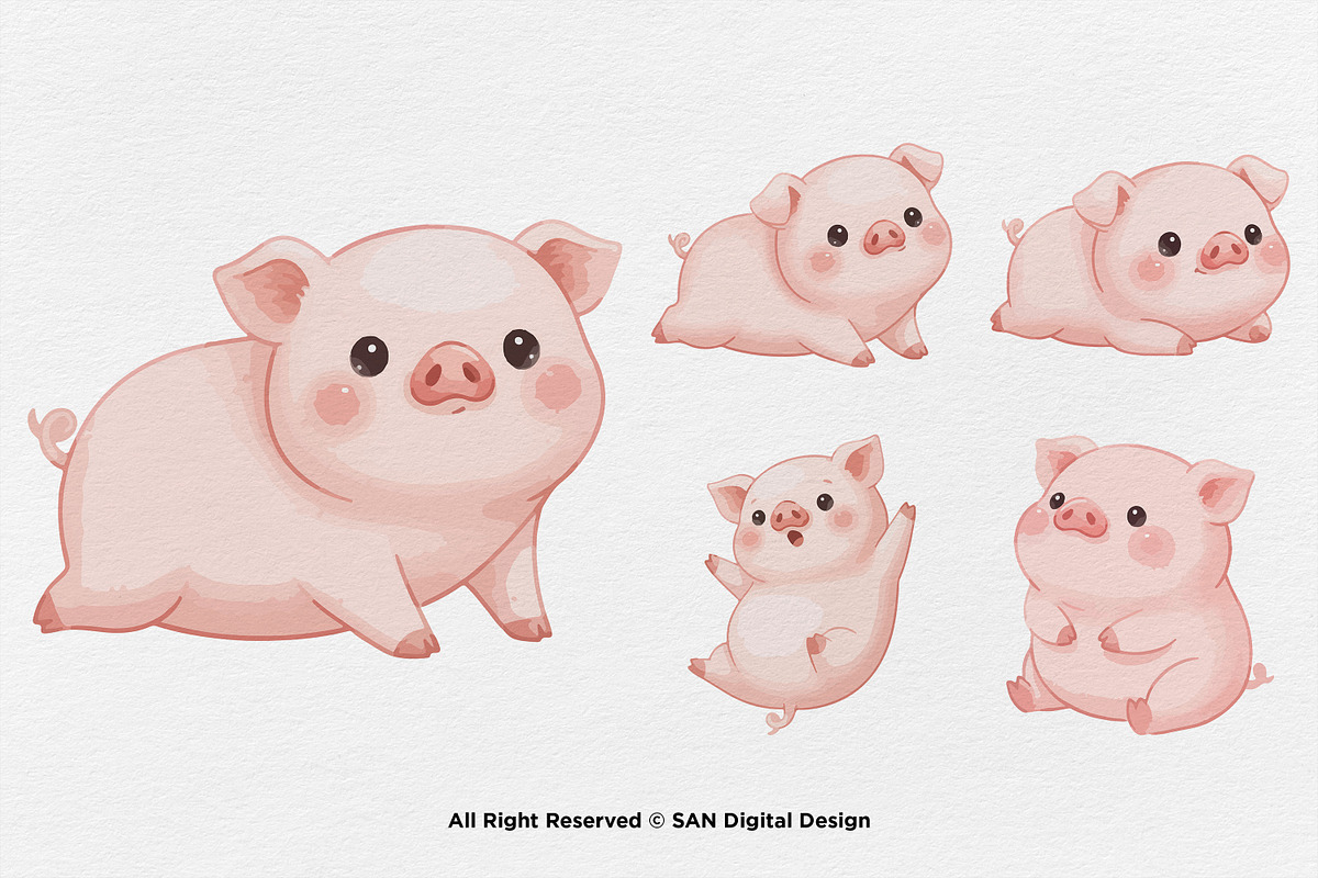 15 Bundle Watercolor Chubby Pig Pink, an Animal Illustration by Morspective (Photo 7 of 8)