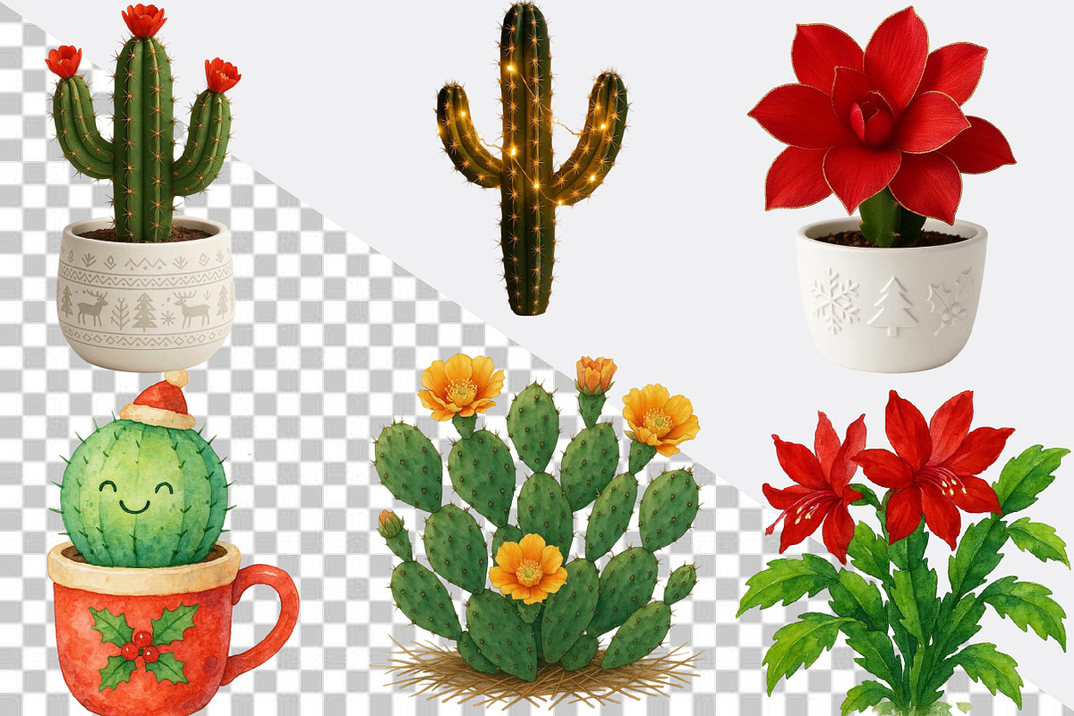 Watercolor Christmas Cactus Clipart, an Illustration by SVGArt (Photo 4 of 8)
