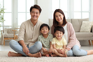 Happy Asian family portrait smiling, a Photo by Pixeness Studio