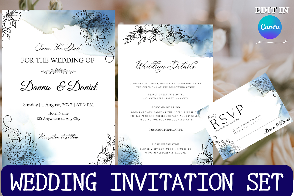 MINIMAL Blue WEDDING Invitation SET, an Invitation Template by MagicLove Creations (Photo 1 of 7)