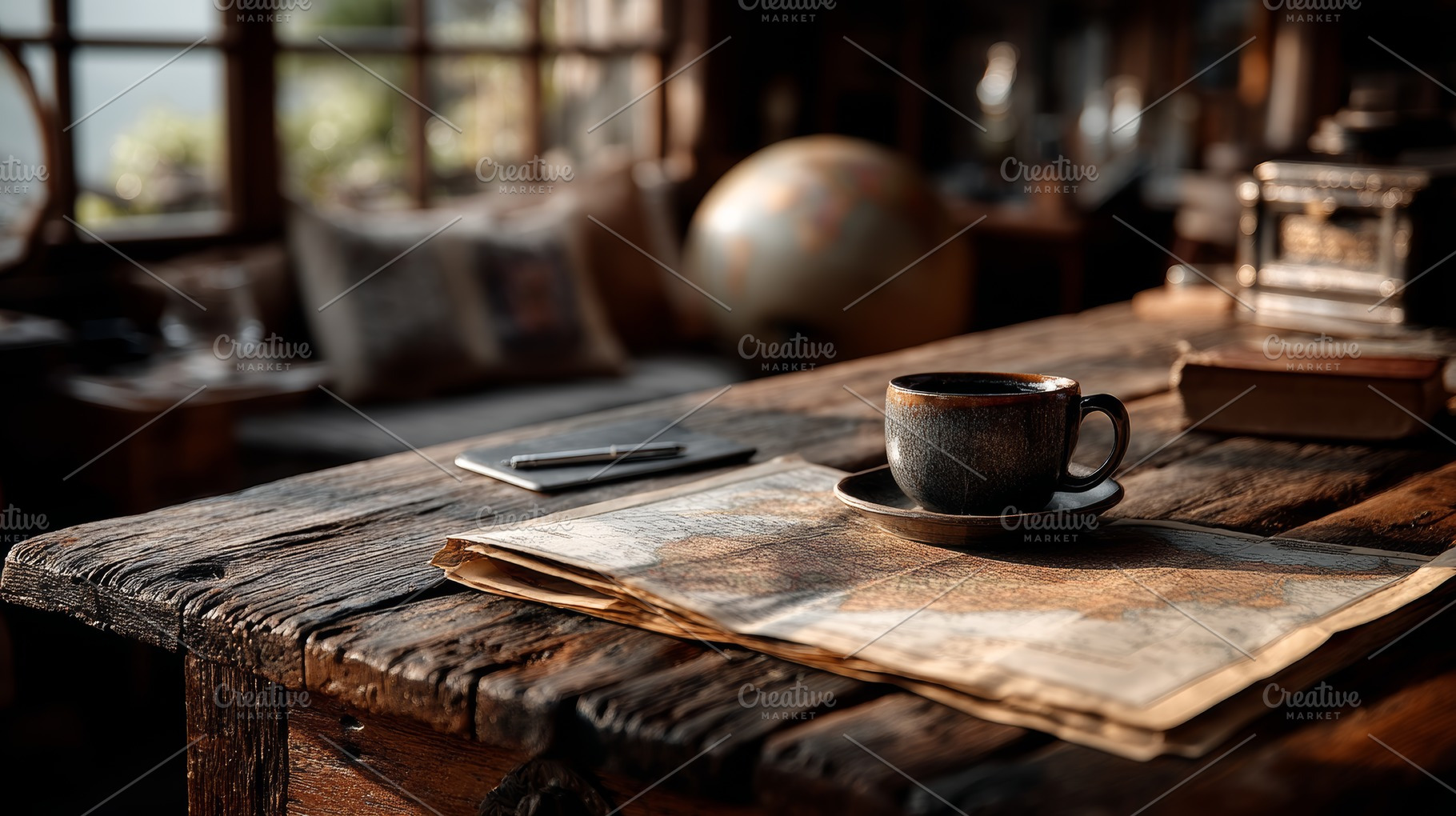 Rustic coffee on a weathered wooden table beside maps and a globe in a vintage, a Photo by AS photostudio