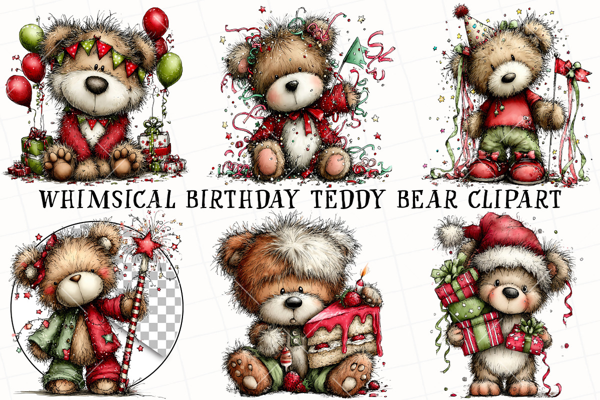 Whimsical Birthday Teddy Bear Clipar, an Illustration by OK Design (Photo 2 of 6)