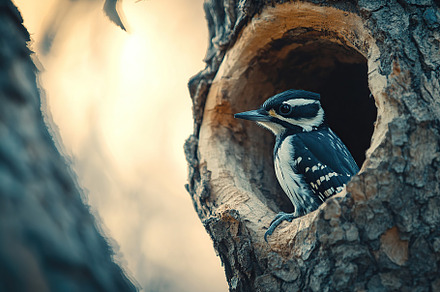 Woodpecker bird sitting in a hollow of tree trunk, an Animal Photo by AlyaAnd