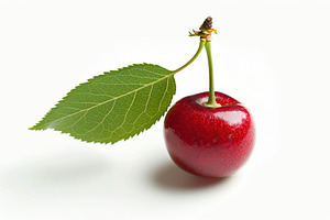 Fresh cherry with green leaf isolated on white background, a Food & Drink Photo by AlyaAnd