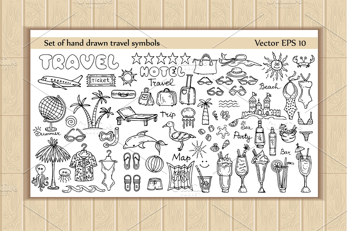 Set of hand drawn travel symbols
