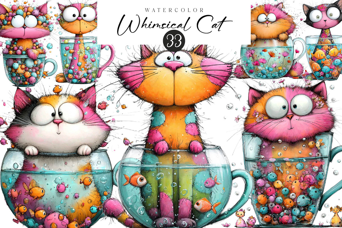 Fishbowl Whimsical Cat Clipart, an Illustration by CreationArt (Photo 1 of 5)