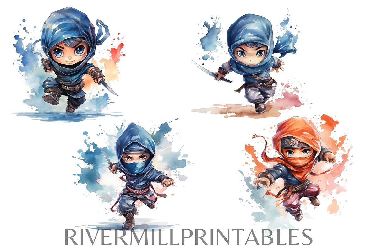 Cute Cartoon Ninja Clipart Pack, a Person Illustration by Rivermill Printables (Photo 2 of 5)