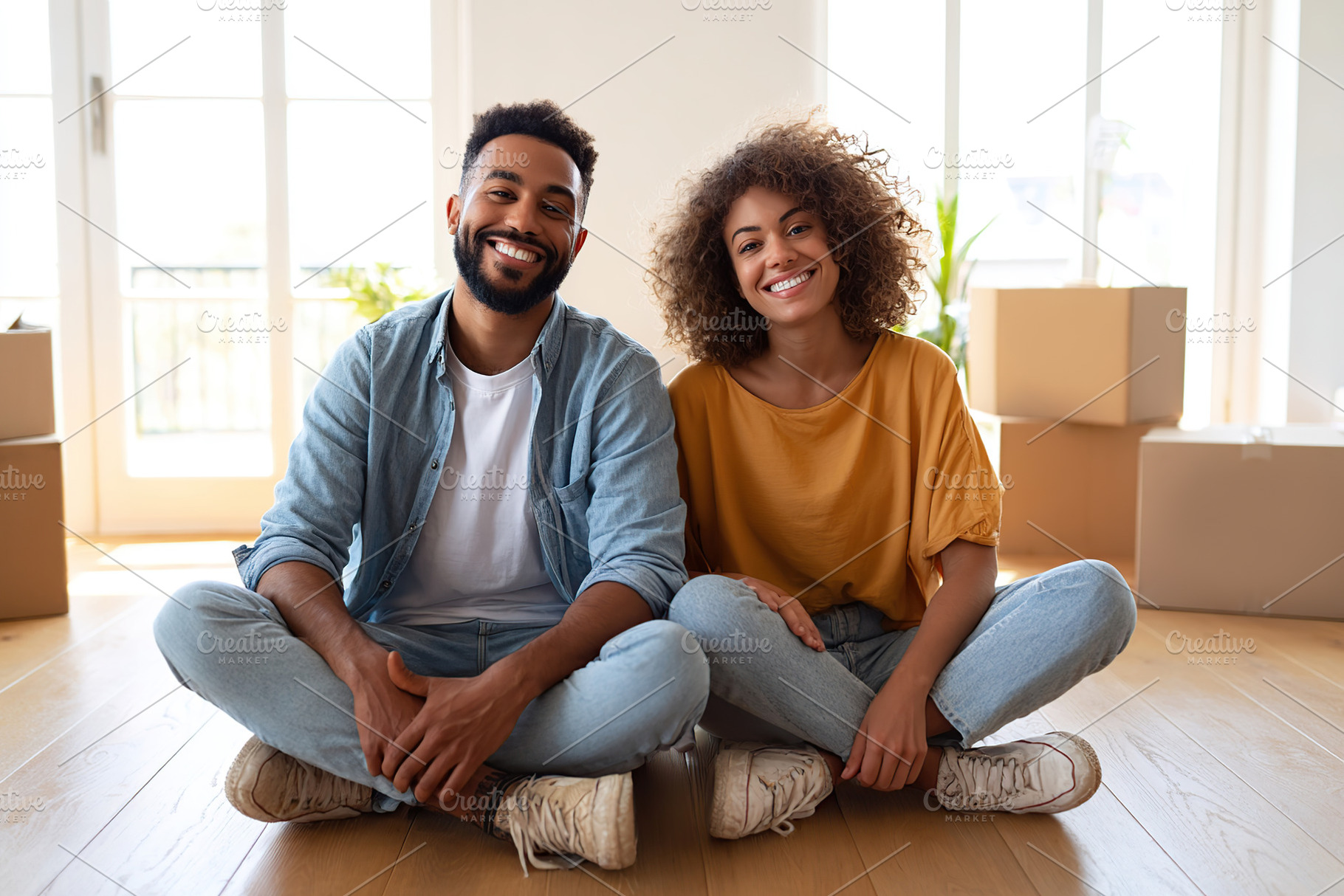 Young couple sits on floor of their new home surrounded by moving boxes and smi, a Photo by AlyaAnd