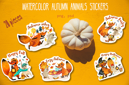 Watercolor autumn fox bunny stickers