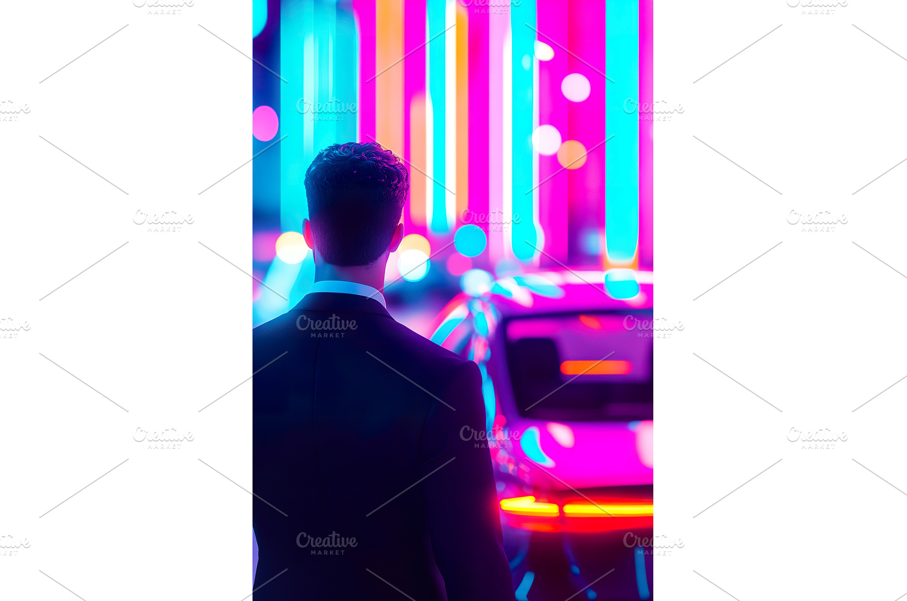 Man in suit admiring car in vibrant, a Person Photo by Lermont51