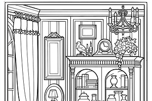 Cozy vintage living room interior with armchair, bookshelf, and, an Illustration by Studio ANNA