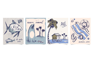 Vintage sketch beach postcards set, an Illustration by art PVP - market