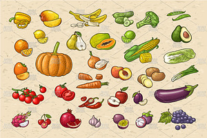 Set vegetable fruit engraving, a Food Illustration by MoreVector