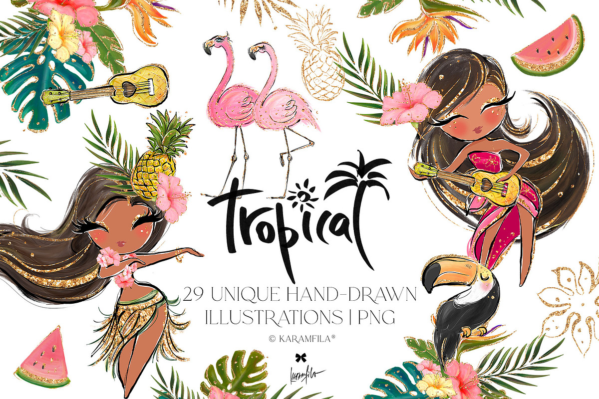 Hula Girls Tropical Hawaii Clipart, an Animal Illustration by KaramfilaS (Photo 1 of 8)