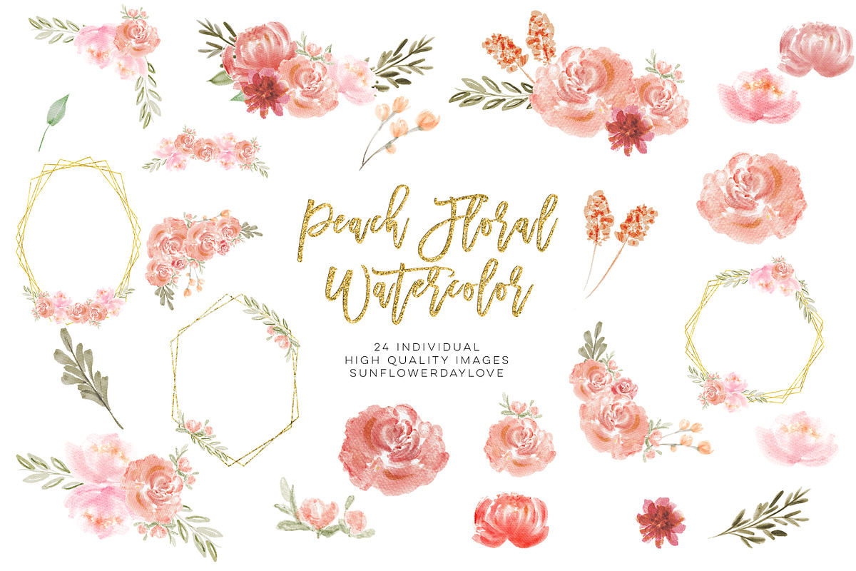 peach floral watercolor clip art, an Illustration by Sunflower Day Love (Photo 2 of 4)