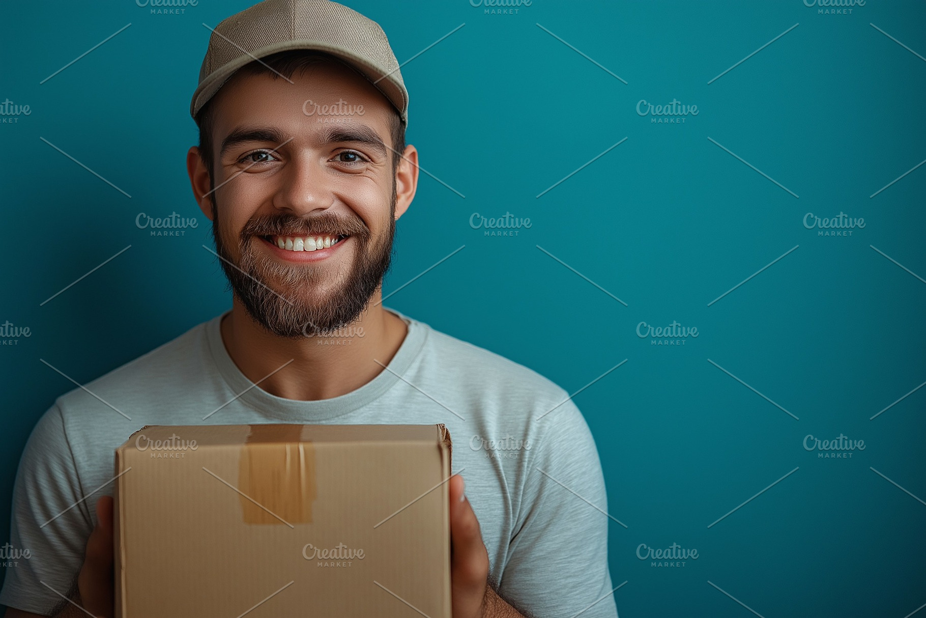 Smiling young Caucasian man in a cap holds a delivery box against a teal backgr, a Person Photo by ImageMir