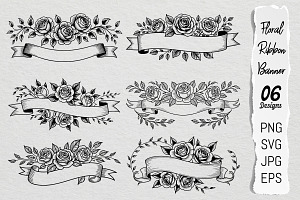 Rose Floral Ribbon Banner Bundle, an Illustration by Actual Pixel