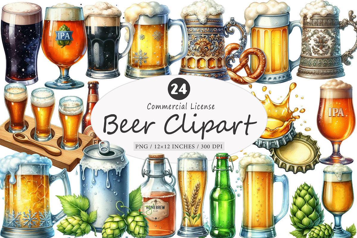 Beer Watercolor Clipart, an Illustration by SinaCreation (Photo 1 of 5)