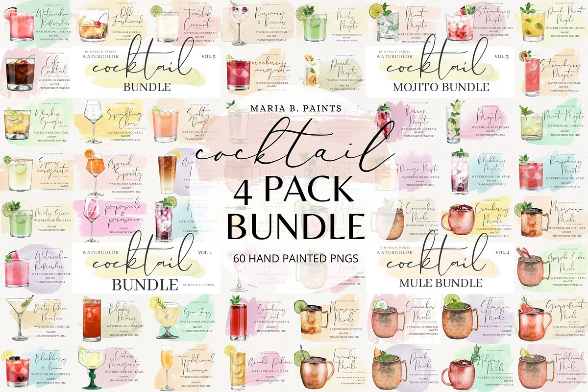 Watercolor Cocktail Drinks Bundle, a Food Illustration by Maria B. Paints (Photo 1 of 5)