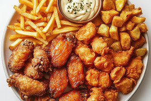 Chicken wings, French fries, and bei, a Food & Drink Photo by Pixeness Studio