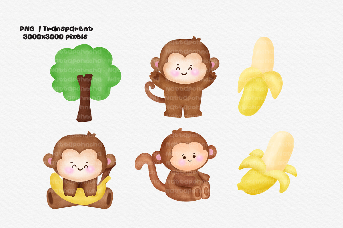 Watercolor Cute Monkey PNG Bundle, an Animal Illustration by Nattapohncha (Photo 3 of 4)