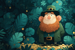 Happy leprechaun with red beard standing in forest surrounded by, a Holiday Photo by José Manuel Gelpi