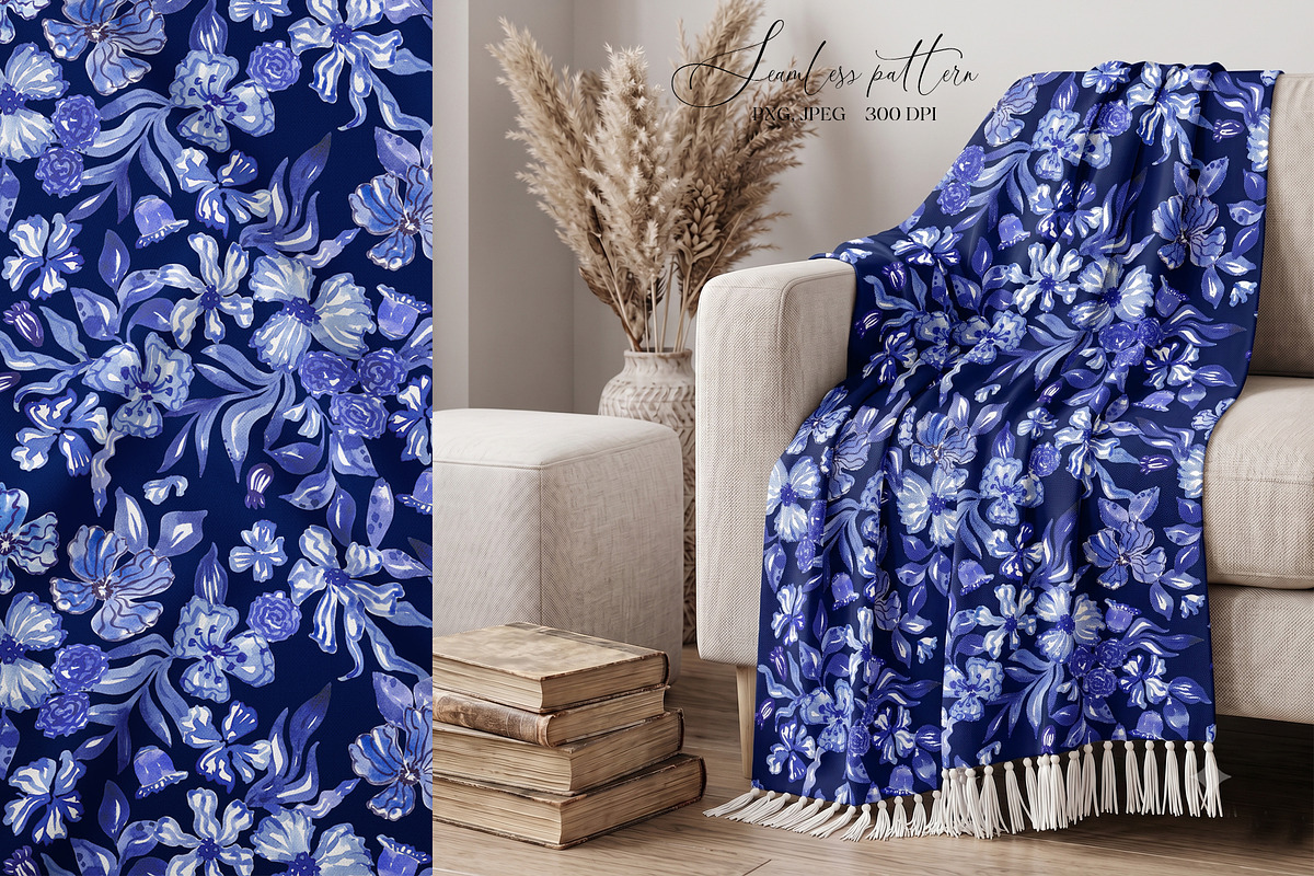 Cobalt Blue Fashion Floral Print, a Pattern Graphic by SirenaArt (Photo 12 of 17)