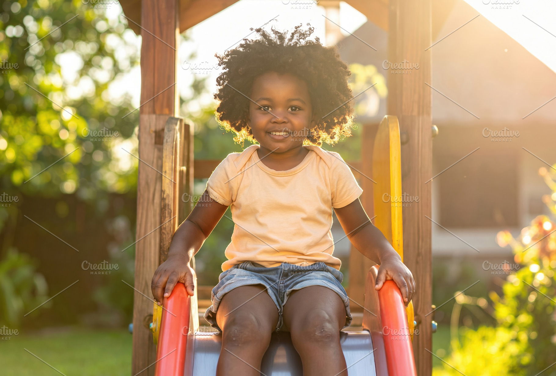 Smiling Child on Playground Slide at Sunset, a Sports & Recreation Photo by Davizro's Market
