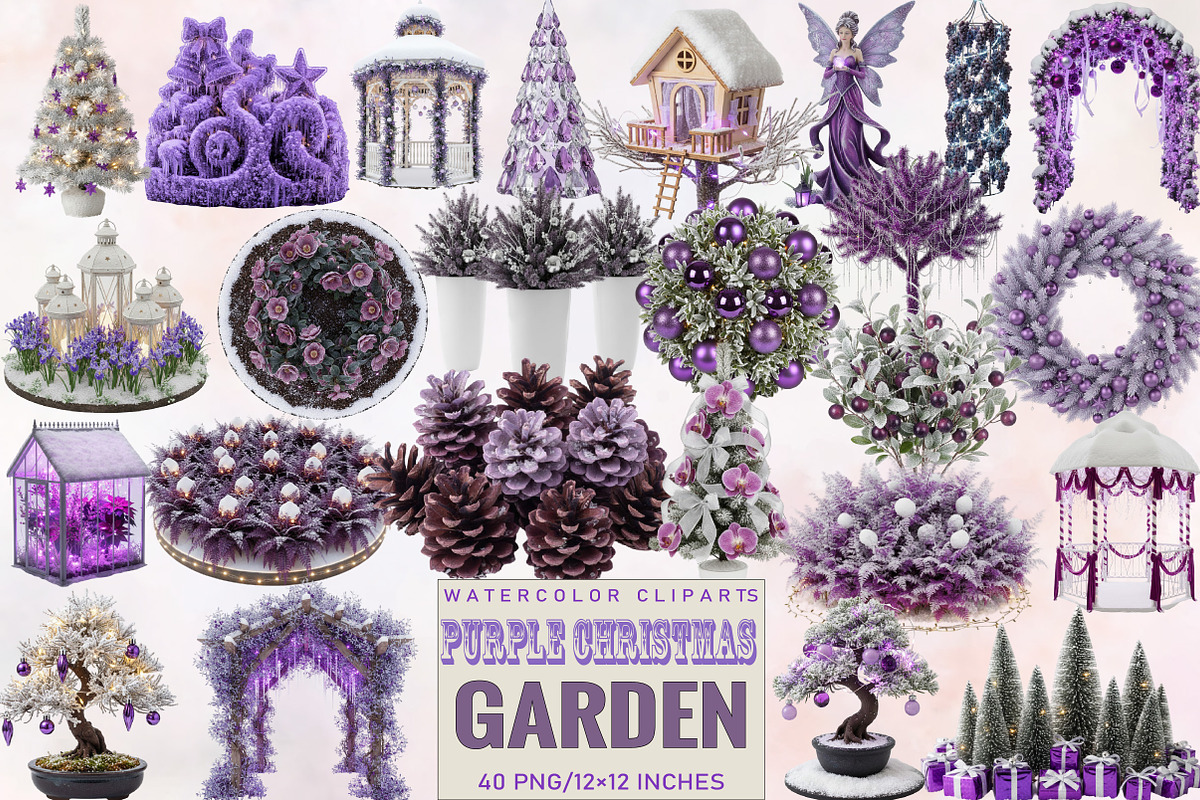 Purple Christmas Garden Clipart Bund, an Illustration by SVGArt (Photo 1 of 8)