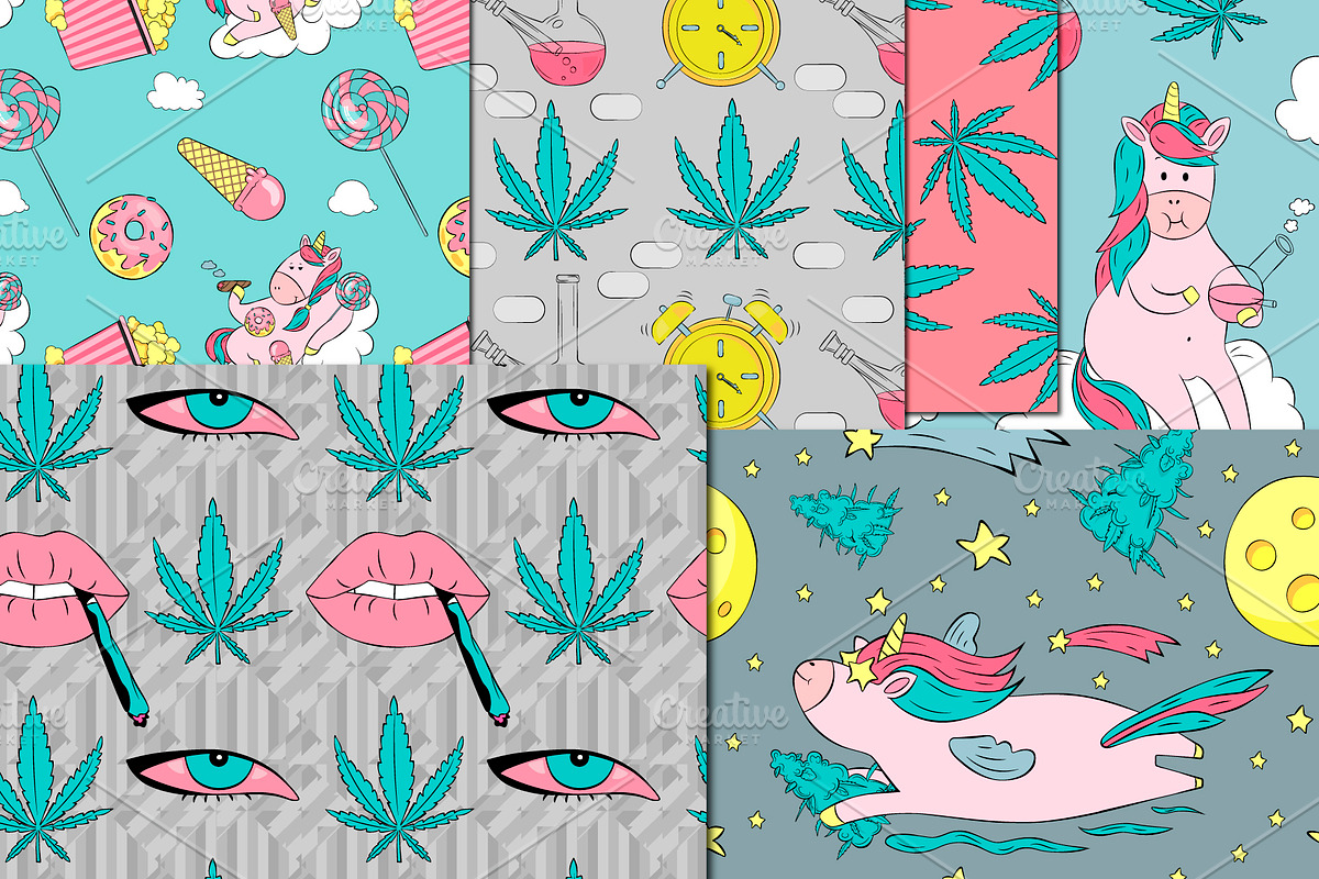 Vector cannabis & unicorns patterns, a Background Graphic by lenavetka87 (Photo 8 of 10)