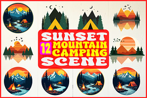 Sunset Mountain Camping Scene Art, an Object Graphic by Gfx_Store