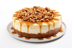 Cheesecake with caramel and nuts on white background, a Food & Drink Photo by AlyaAnd