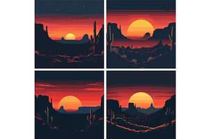 Arid Sunset Cactus Terrain Cartoon