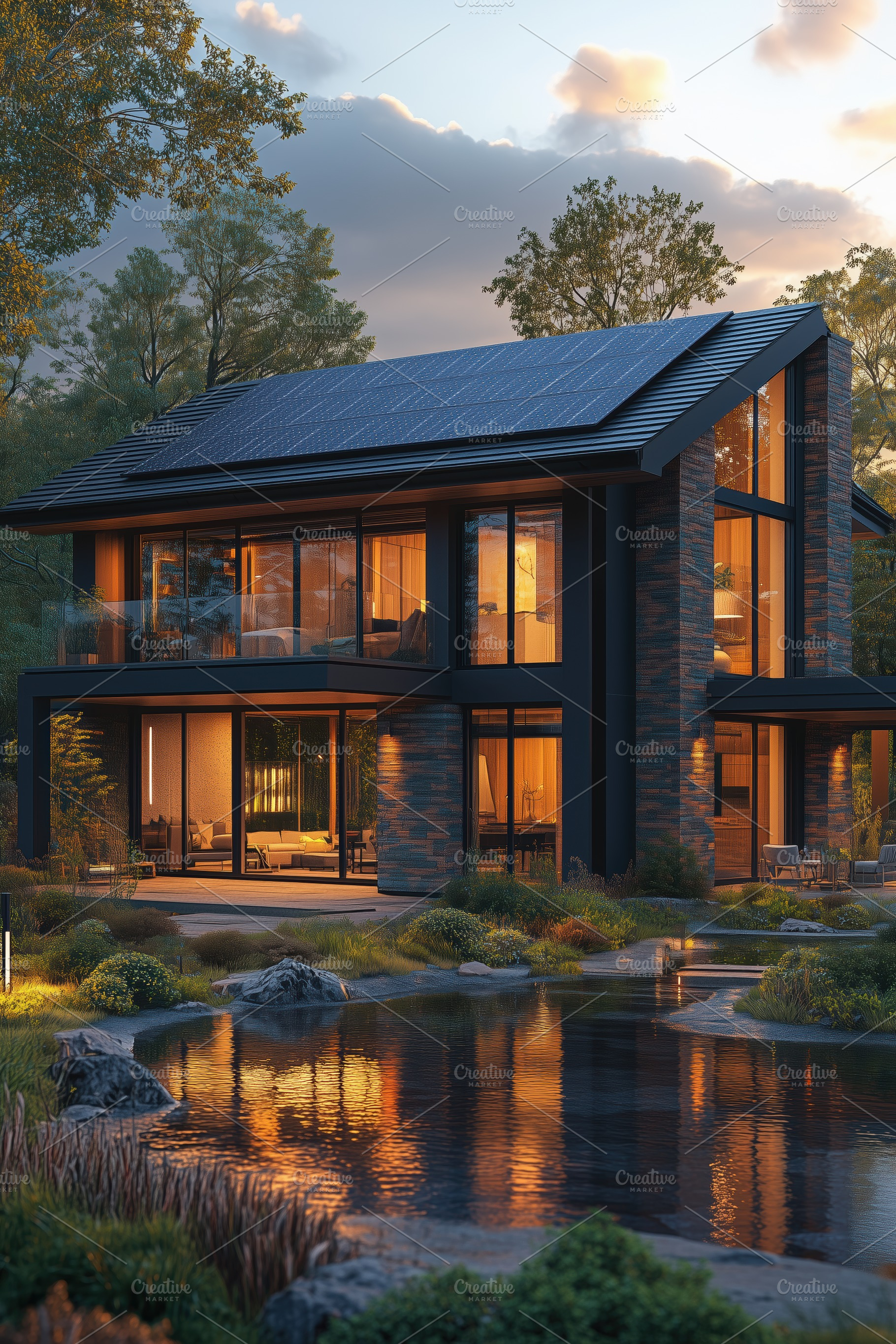 A modern two-story house with large glass windows, solar panels on the roof, an, an Industrial Photo by Textures & Backgrounds