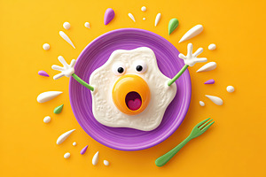Bright purple plate features a surprised egg character with dancing arms and ch, a Food & Drink Photo by AlyaAnd