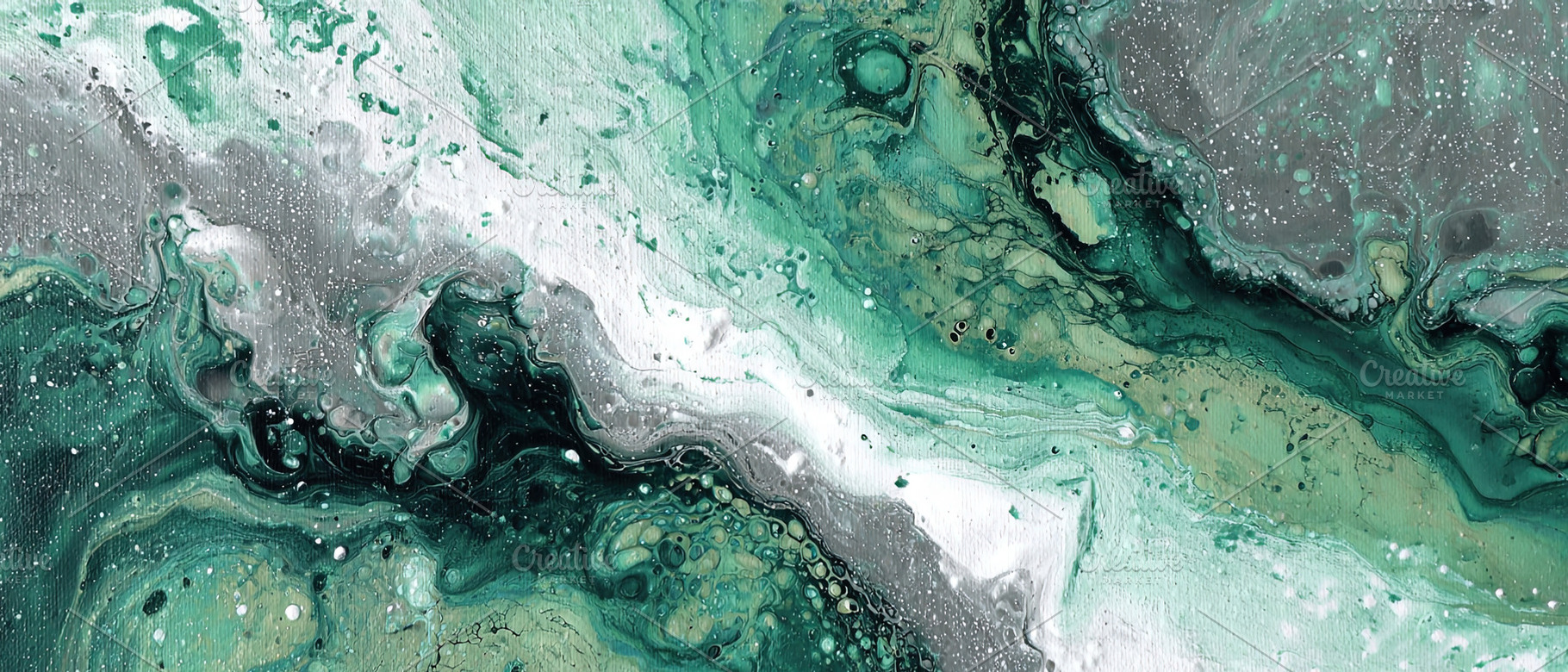 Dynamic abstract painting in green, white, and gray hues with fl, an Abstract Photo by Ales Munt