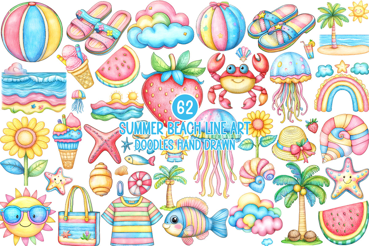 Summer Beach Line Art Doodles, an Illustration by SinaCreation (Photo 1 of 10)
