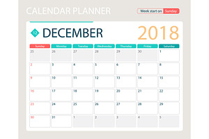 DECEMBER 2018, Illustration Vector Calendar Or Desk Planner, Weeks Start On Sunday