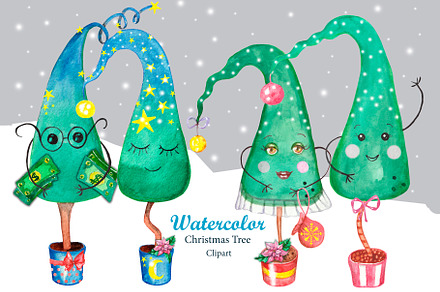 Funny Christmas trees watercolor