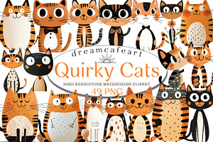 Quirky Cats Hand-drawn Clipart, an Illustration by DreamCafeArt