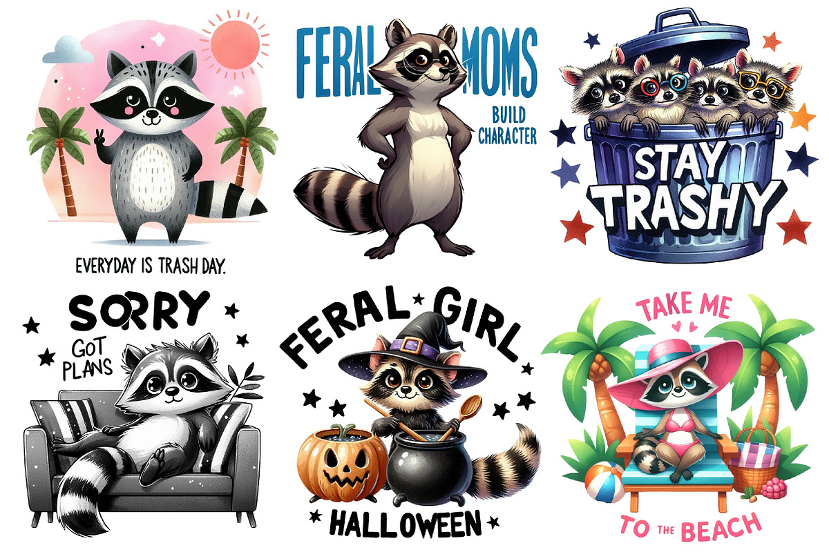 Funny Raccoon PNG Bundle Sublimation, an Illustration by Designworld (Photo 5 of 7)