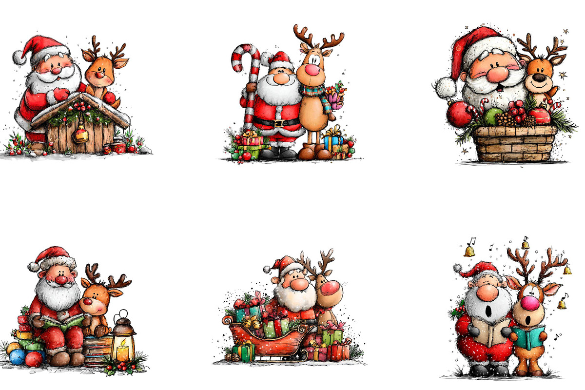 Christmas Santa & Reindeer Clipart, a Seasonal Illustration by CreationArt (Photo 3 of 5)
