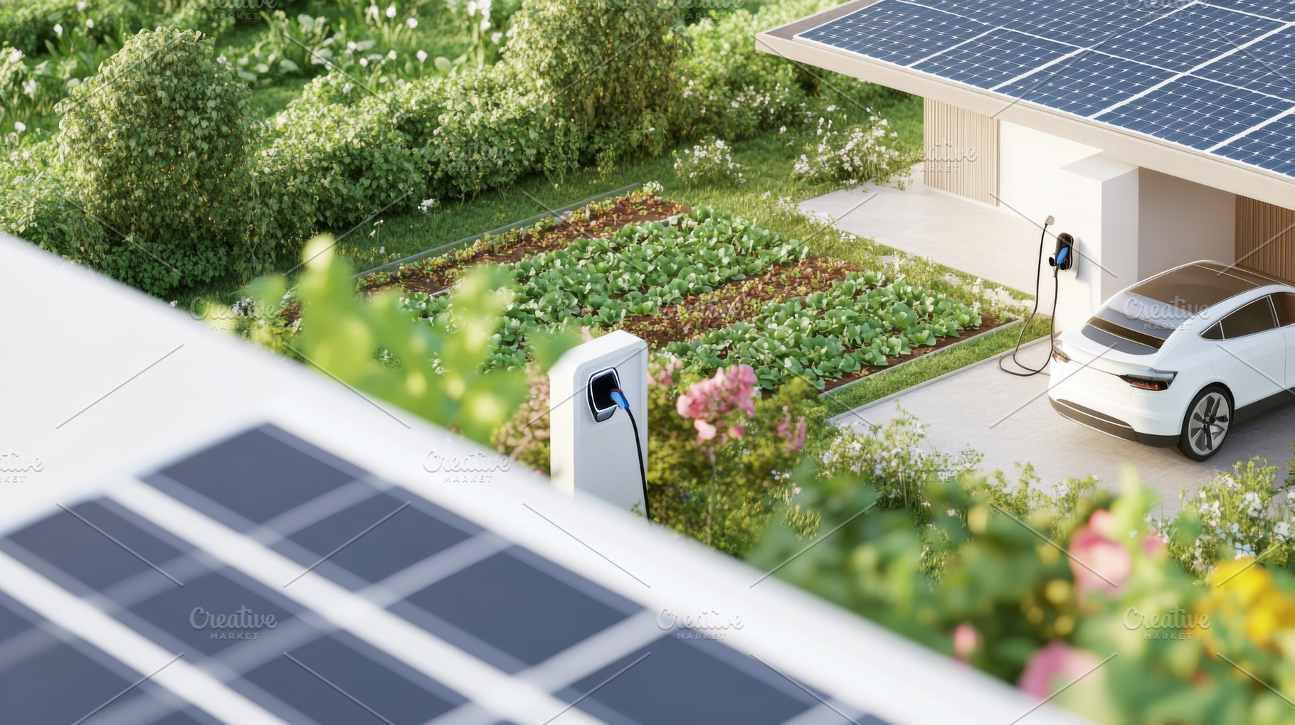 Eco-friendly home with solar panels and electric car charger, su, a Photo by Dvoevnore photos