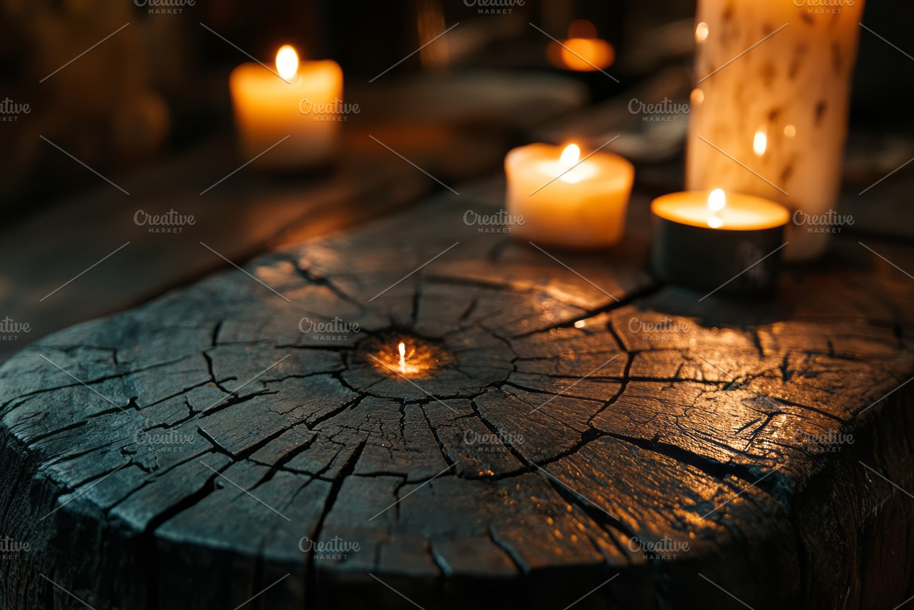 A warm ambiance with glowing candles scattered on a rustic wooden surface, crea, a Background Photo by ImageMir