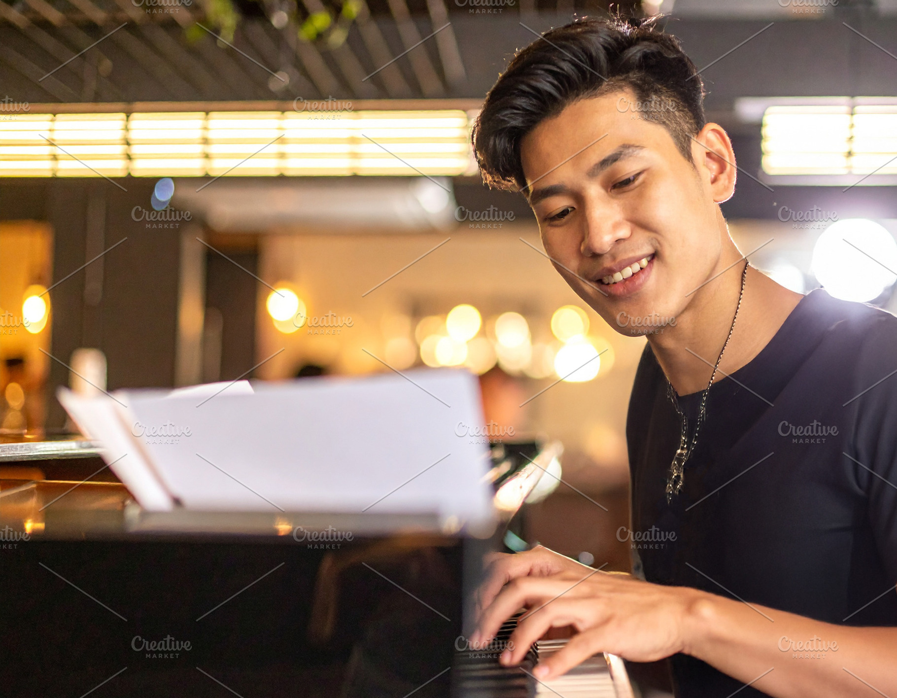 Adult pianist performing at the piano in a small bar, a Person Photo by DanFLCreativo