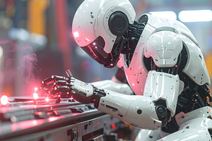 Robot technician performing welding with precision on metal fram, an Industrial Photo by GoodGoods