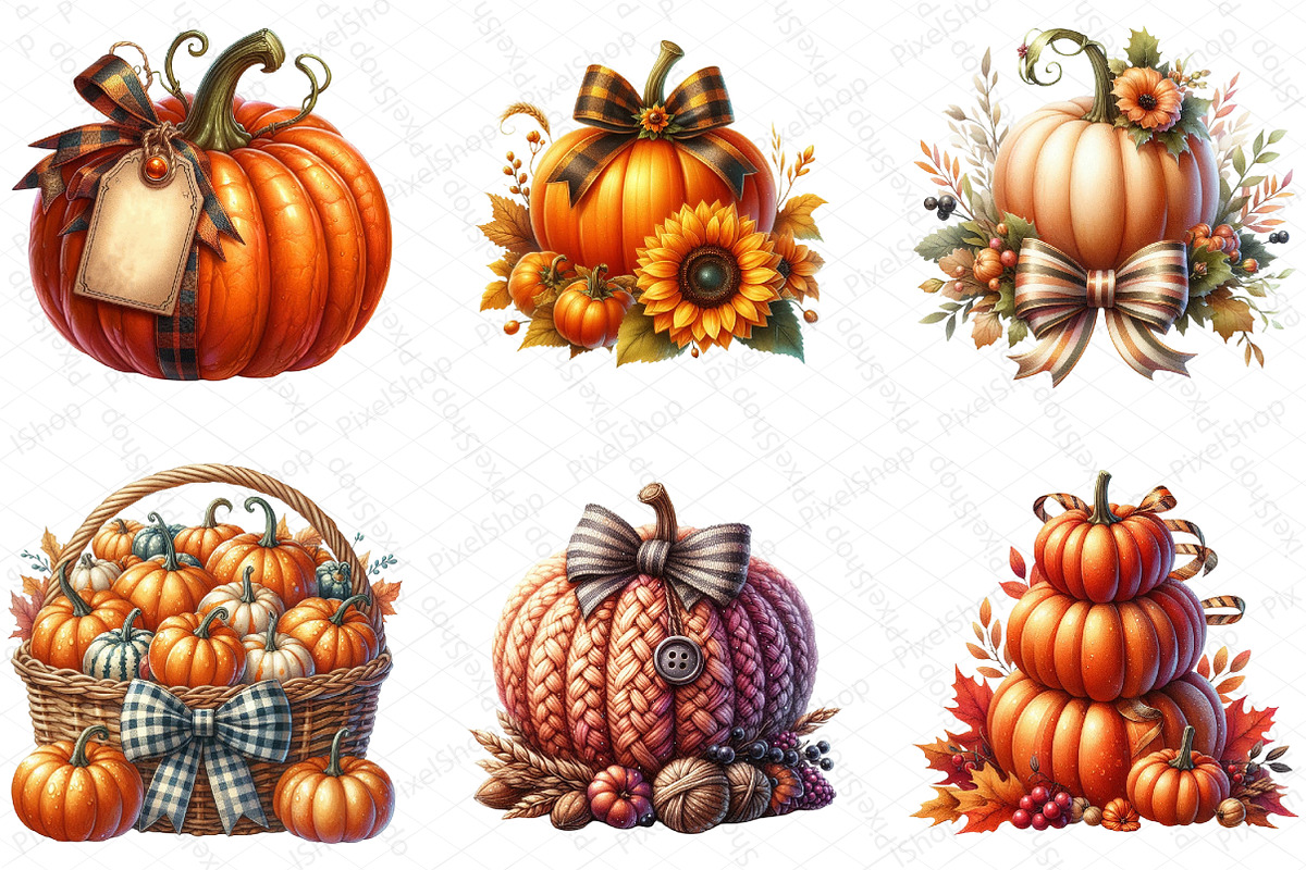 Watercolor Fall Bow Pumpkins Clipart, an Illustration by DreamPrint404 (Photo 4 of 6)