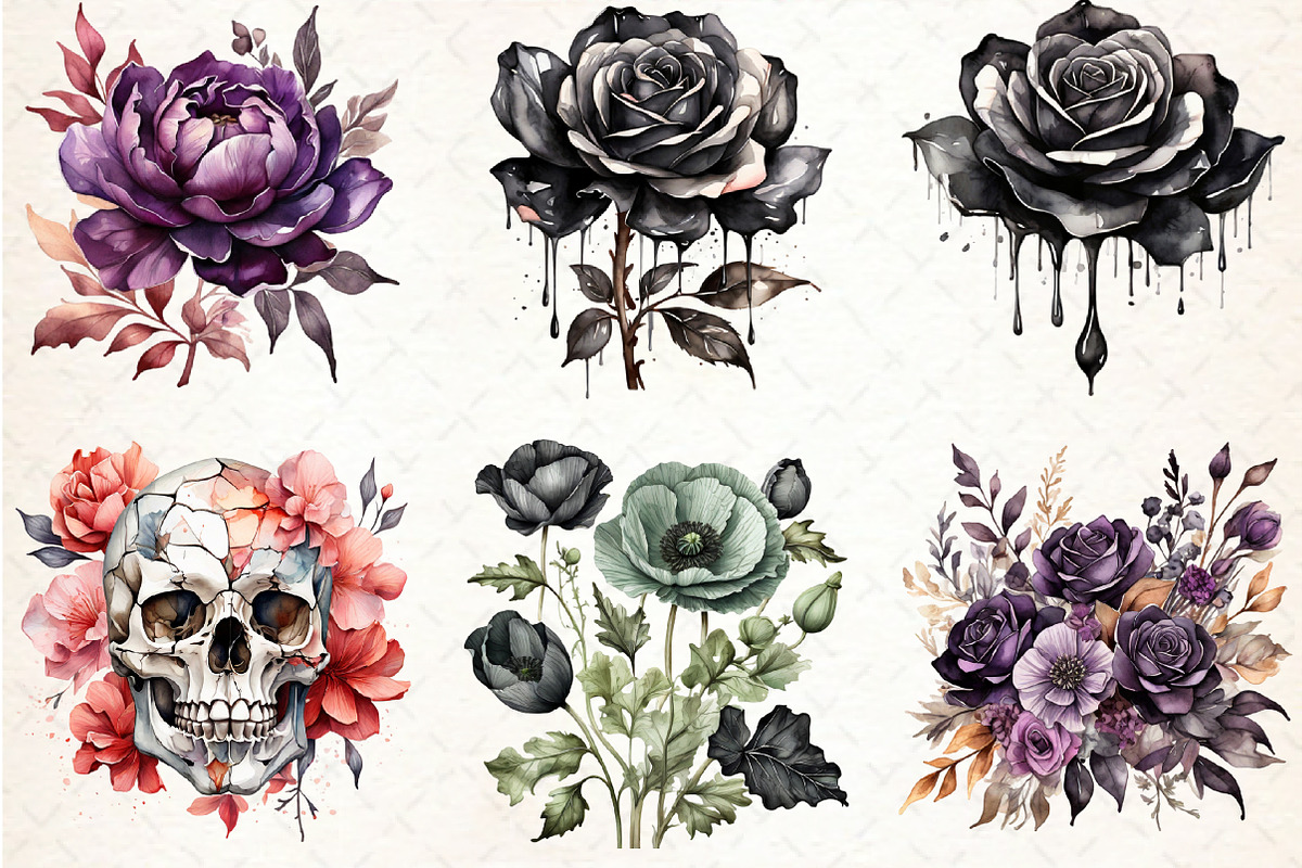 Watercolor Halloween Flowers Clipart, an Illustration by Libby Wishes (Photo 2 of 3)