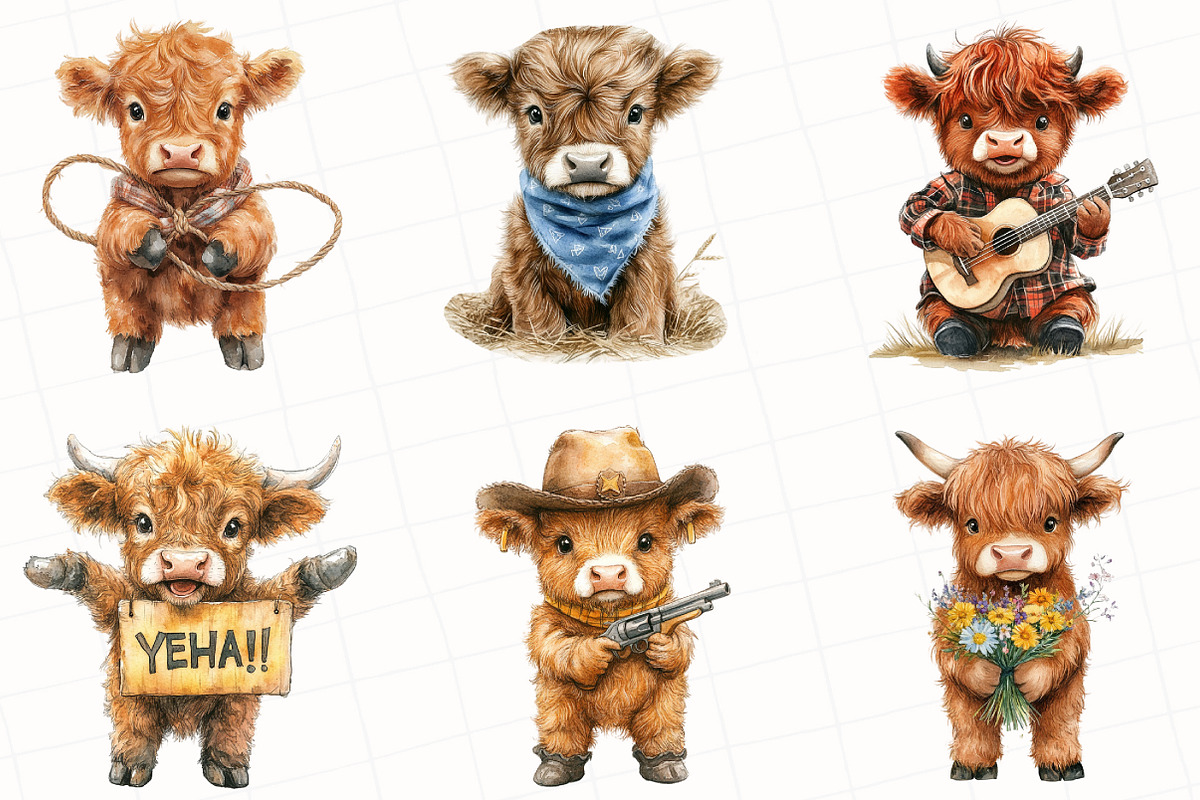 Cute Western Highland Cows Clipart, an Illustration by OK Design (Photo 2 of 5)