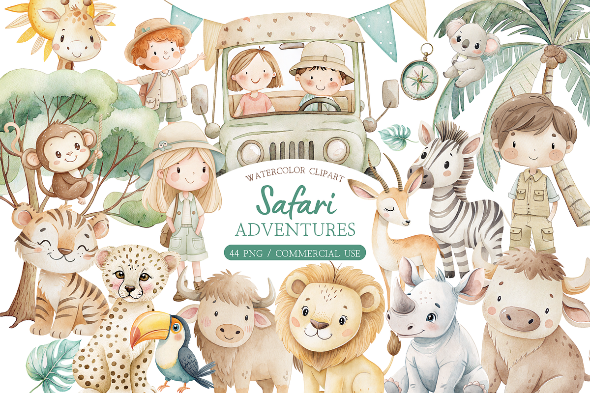 Safari Adventures watercolor clipart, an Illustration by MockupWizard (Photo 1 of 7)